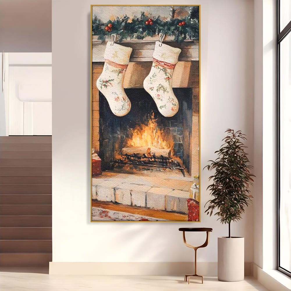 Tablou canvas cu tablou canvas cu ciorapi pe semineu, in rama de aluminiu auriu